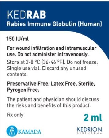 Kedrion Biopharma  76125015002 KEDRAB Rabies Immune Globulin (Human), Preservative Free 150 IU / mL Injection Single-Dose Vial 2 mL