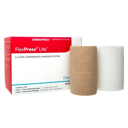 DermaRite Industries  79200 2 Layer Compression Bandage System FlexPress2 Lite 4 Inch X 3-4/5 Yard / 4 Inch X 5-1/2 Yard Self-Adherent Closure Tan / White NonSterile Standard Compression