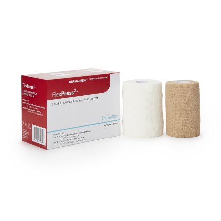 DermaRite Industries  79202 2 Layer Compression Bandage System FlexPress2 4 Inch X 7-1/10 Yard / 4 Inch X 8-9/10 Yard Self-Adherent Closure Tan / White NonSterile Standard Compression