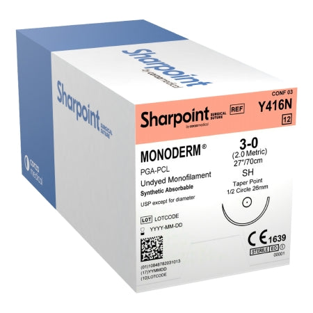 Surgical Specialties  Y416N Absorbable Suture with Needle Monoderm Polyglycolic Acid SH 1/2 Circle Taper Point Needle Size 3 - 0 Monofilament