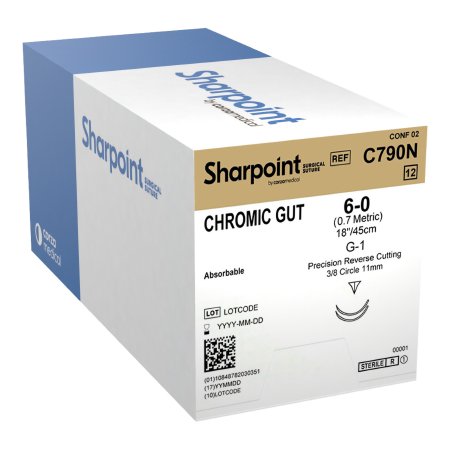 Surgical Specialties  C790N Absorbable Suture with Needle Sharpoint Plus Chromic Gut G-1 3/8 Circle Precision Reverse Cutting Needle Size 6 - 0