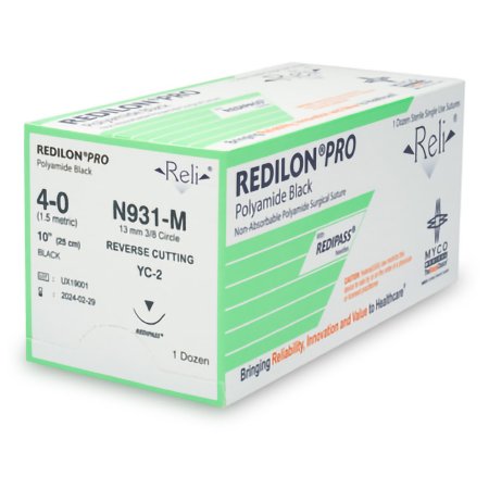 Myco Medical Supplies  N931-M Nonabsorbable Suture with Needle Reli Redilon Nylon YC-2 3/8 Circle Reverse Cutting Needle Size 4 - 0 Monofilament