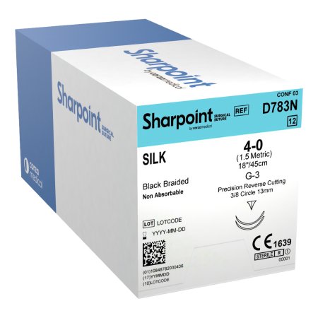 Surgical Specialties  D783N Nonabsorbable Suture with Needle Sharpoint Plus Silk G-3 3/8 Circle Precision Reverse Cutting Needle Size 4 - 0 Braided