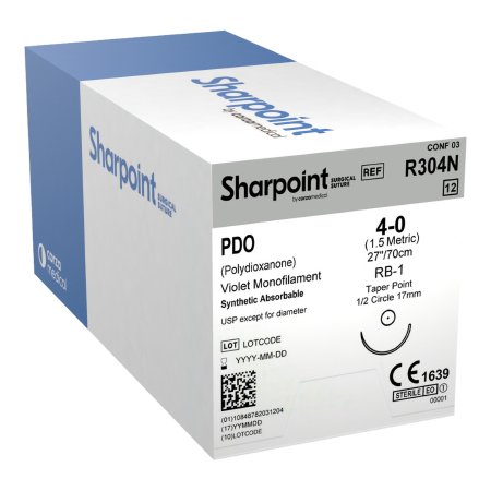 Surgical Specialties  R304N Absorbable Suture with Needle Sharpoint Polydioxanone RB-1 1/2 Circle Taper Point Needle Size 4 - 0 Monofilament