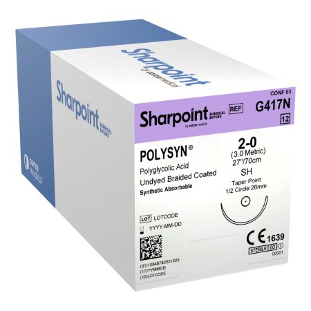 Surgical Specialties  G417N Absorbable Suture with Needle Sharpoint Polyglycolic Acid SH Needle 1/2 Circle Taper Point Needle Size 2 - 0 Braided