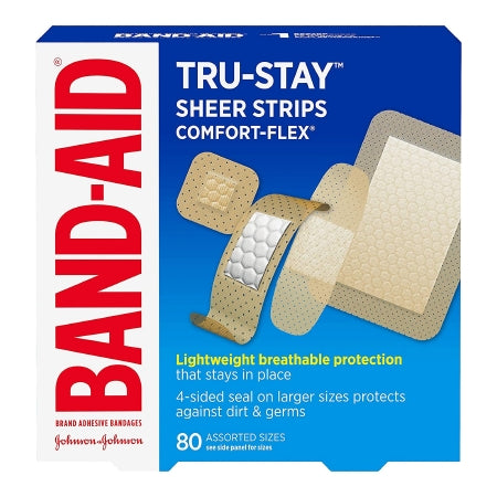 Johnson & Johnson Consumer  00381371171347 Adhesive Strip Band-Aid (2) 2-1/4 X 3 Inch / (30) 3/4 X 3 Inch / (34) 5/8 X 2-1/4 Inch / (14)7/8 X 7/8 Inch Plastic Assorted Shapes Tan Sterile