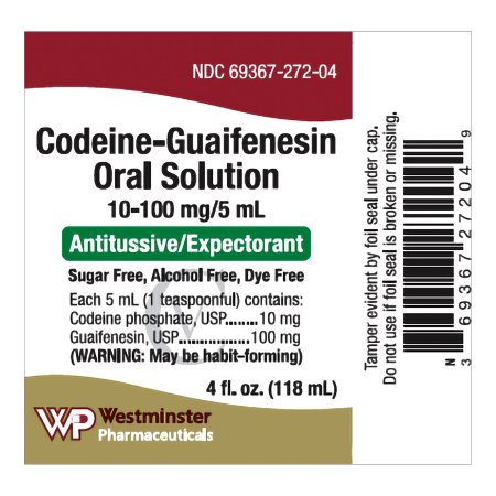 Westminster Pharmaceuticals  69367027204 Codeine Phosphate / Guaifenesin 10 mg - 100 mg / 5 mL Liquid Bottle 4 oz. CV