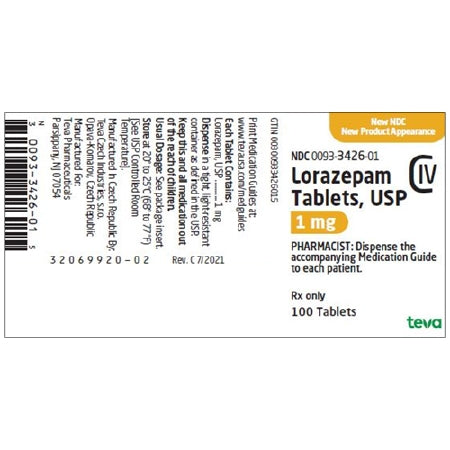 Teva  00093342601 lorazepam 1 mg Tablet Bottle 100 Tablets CIV