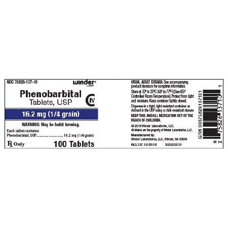 Winder Laboratories LLC  75826013710 Phenobarbital 16.2 mg Tablet Bottle 100 Tablets CIV