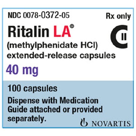 Novartis  00078037205 Ritalin LA methylphenidate HCl 40 mg Capsule Bottle 100 Tablets CII