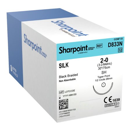 Surgical Specialties  D833N Nonabsorbable Suture with Needle Sharpoint Silk SH 1/2 Circle Taper Point Needle Size 2 - 0 Braided