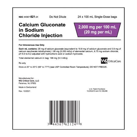 WG Critical Care  44567062124 Replacement Preparation Calcium Gluconate in Sodium Chloride 20 mg / mL Injection Flexible Bag 100 mL