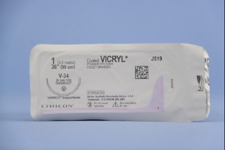 J & J Healthcare Systems  J519H Absorbable Suture with Needle Coated Vicryl Polyglactin 910 V-34 1/2 Circle Taper Cutting Needle Size 1 Braided