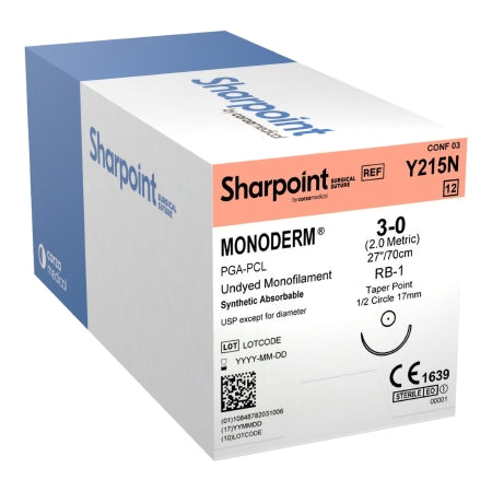 Surgical Specialties  Y215N Absorbable Suture with Needle Monoderm Poliglecaprone RB-1 1/2 Circle Taper Point Needle Size 3 - 0 Monofilament