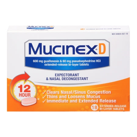 RB Health US LLC  63824005718 Cold and Cough Relief Mucinex D Extended Release 600 mg - 60 mg Strength Tablet 18 per Box