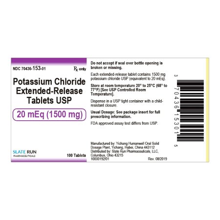 Slate Run Pharmaceuticals  70436015301 Replacement Preparation Potassium Chloride 20 mEq Tablet Bottle 100 Tablets