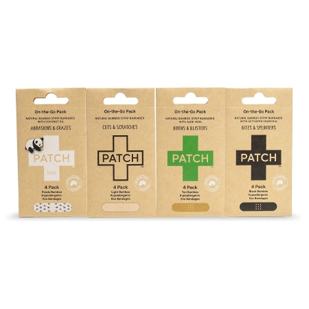 Nutricare USA LLC  PATOTGMAILERCT Adhesive Strip Patch On The Go Sample Pack 3/4 X 3 Inch Bamboo / Activated Charcoal / Coconut Oil / Aloe Vera Rectangle Tan Sterile