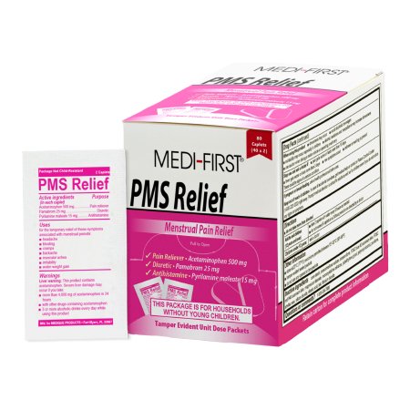 Medique Products  82380 Pain Relief PMS Relief 500 mg - 25 mg - 15 mg Strength Acetaminophen - Pamabrom - Pyrilamine maleate Caplet 80 per Box