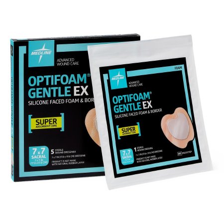 Medline  MSCEX77EP Foam Dressing Optifoam Gentle EX 7 X 7 Inch With Border Waterproof Backing Silicone Face and Border Sacral Sterile