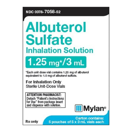 Mylan Pharmaceuticals  00378705852 Albuterol Sulfate, Preservative Free 0.042%, 1.25 mg / 3 mL Solution Nebulizer Vial 25 Vials