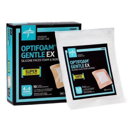 Medline  MSCEX44EP Foam Dressing Optifoam Gentle EX 4 X 4 Inch With Border Waterproof Backing Silicone Face and Border Square Sterile