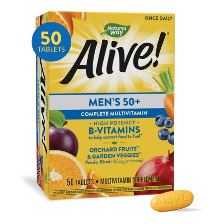 Nature's Way Brands LLC  03367413661 Multivitamin Supplement Alive! Alive! Men’s 50+ Vitamin A / Vitamin C 900 mcg / 180 mg Strength Tablet 50 per Box