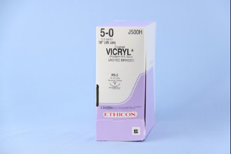 J & J Healthcare Systems  J500H Absorbable Suture with Needle Coated Vicryl Polyglactin 910 PS-3 3/8 Circle Reverse Cutting Needle Size 5 - 0 Braided