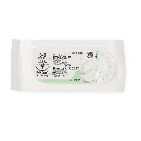 J & J Healthcare Systems  1669H Nonabsorbable Suture with Needle Ethilon Nylon PS-2 3/8 Circle Precision Reverse Cutting Needle Size 3 - 0 Monofilament