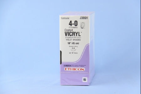 J & J Healthcare Systems  J386H Absorbable Suture with Needle Coated Vicryl Polyglactin 910 C-3 3/8 Circle Reverse Cutting Needle Size 4 - 0 Braided