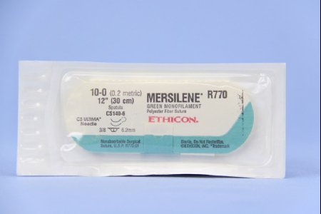 J & J Healthcare Systems  R770G Nonabsorbable Suture with Needle Mersilene Polyester CS140-6 3/8 Circle Opthalmic Spatula Needle Size 10 - 0 Braided