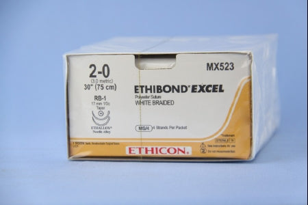 J & J Healthcare Systems  MX523 Nonabsorbable Suture with Needle Ethibond Polyester RB-1 1/2 Circle Taper Point Needle Size 2 - 0 Braided