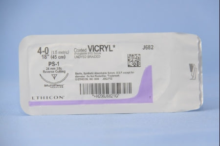 J & J Healthcare Systems  J682H Absorbable Suture with Needle Coated Vicryl Polyglactin 910 PS-1 3/8 Circle Reverse Cutting Needle Size 4 - 0 Braided