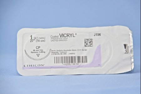 J & J Healthcare Systems  J196H Absorbable Suture with Needle Coated Vicryl Polyglactin 910 CP 1/2 Circle Reverse Cutting Needle Size 1 Braided