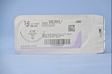 J & J Healthcare Systems  J980H Absorbable Suture with Needle Coated Vicryl Polyglactin 910 CTX 1/2 Circle Taper Point Needle Size 3 - 0 Braided