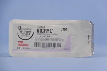 J & J Healthcare Systems  J754T Absorbable Suture with Needle Coated Vicryl Polyglactin 910 OS-6 1/2 Circle Reverse Cutting Needle Size 0 Braided