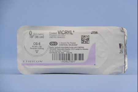 J & J Healthcare Systems  J756T Absorbable Suture with Needle Coated Vicryl Polyglactin 910 OS-8 1/2 Circle Reverse Cutting Needle Size 0 Braided