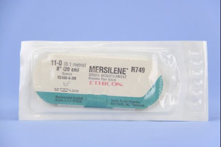 J & J Healthcare Systems  R749G Nonabsorbable Suture with Needle Mersilene Polyester TG160-4-3M 1/2 Circle Spatula Needle Size 11 - 0 Braided