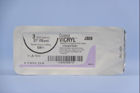 J & J Healthcare Systems  J808T Absorbable Suture with Needle Coated Vicryl Polyglactin 910 CCS-1 1/2 Circle Conventional Cutting Needle Size 3 Braided