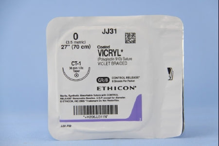 J & J Healthcare Systems  JJ31G Absorbable Suture with Needle Coated Vicryl Polyglactin 910 CT-1 1/2 Circle Taper Point Needle Size 0 Braided