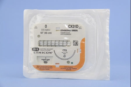 J & J Healthcare Systems  CX31D Nonabsorbable Suture with Needle Ethibond Polyester CTX 1/2 Circle Taper Point Needle Size 0 Braided