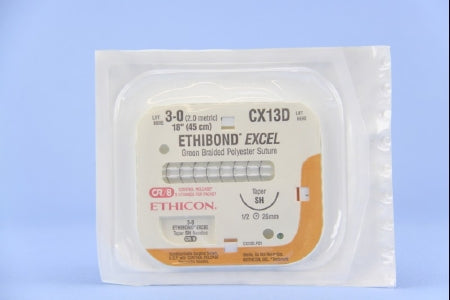 J & J Healthcare Systems  CX13D Nonabsorbable Suture with Needle Ethibond Polyester SH 1/2 Circle Taper Point Needle Size 3 - 0 Braided