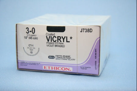 J & J Healthcare Systems  J738D Absorbable Suture with Needle Coated Vicryl Polyglactin 910 CT-1 1/2 Circle Taper Point Needle Size 3 - 0 Braided