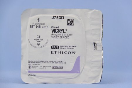 J & J Healthcare Systems  J753D Absorbable Suture with Needle Coated Vicryl Polyglactin 910 CT 1/2 Circle Taper Point Needle Size 1 Braided