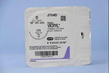 J & J Healthcare Systems  J764D Absorbable Suture with Needle Coated Vicryl Polyglactin 910 CTX 1/2 Circle Taper Point Needle Size 0 Braided