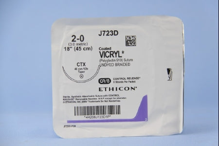 J & J Healthcare Systems  J723D Absorbable Suture with Needle Coated Vicryl Polyglactin 910 CTX 1/2 Circle Taper Point Needle Size 2 - 0 Braided