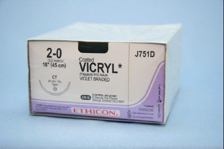 J & J Healthcare Systems  J751D Absorbable Suture with Needle Coated Vicryl Polyglactin 910 CT 1/2 Circle Taper Point Needle Size 2 - 0 Braided