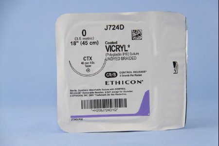 J & J Healthcare Systems  J724D Absorbable Suture with Needle Coated Vicryl Polyglactin 910 CTX 1/2 Circle Taper Point Needle Size 0 Braided