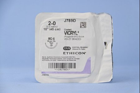 J & J Healthcare Systems  J789D Absorbable Suture with Needle Coated Vicryl Polyglactin 910 MO-6 1/2 Circle Taper Point Needle Size 2 - 0 Braided