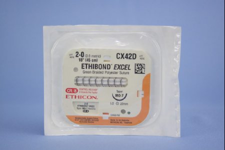 J & J Healthcare Systems  CX42D Nonabsorbable Suture with Needle Ethibond Polyester MO-7 1/2 Circle Taper Point Needle Size 2 - 0 Braided