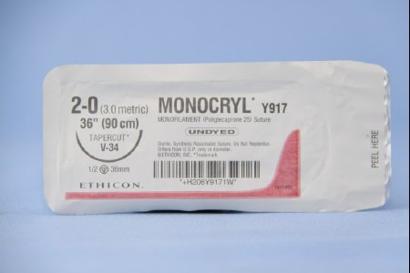 J & J Healthcare Systems  Y917H Absorbable Suture with Needle Monocryl Poliglecaprone V-34 1/2 Circle Taper Cutting Needle Size 2 - 0 Monofilament